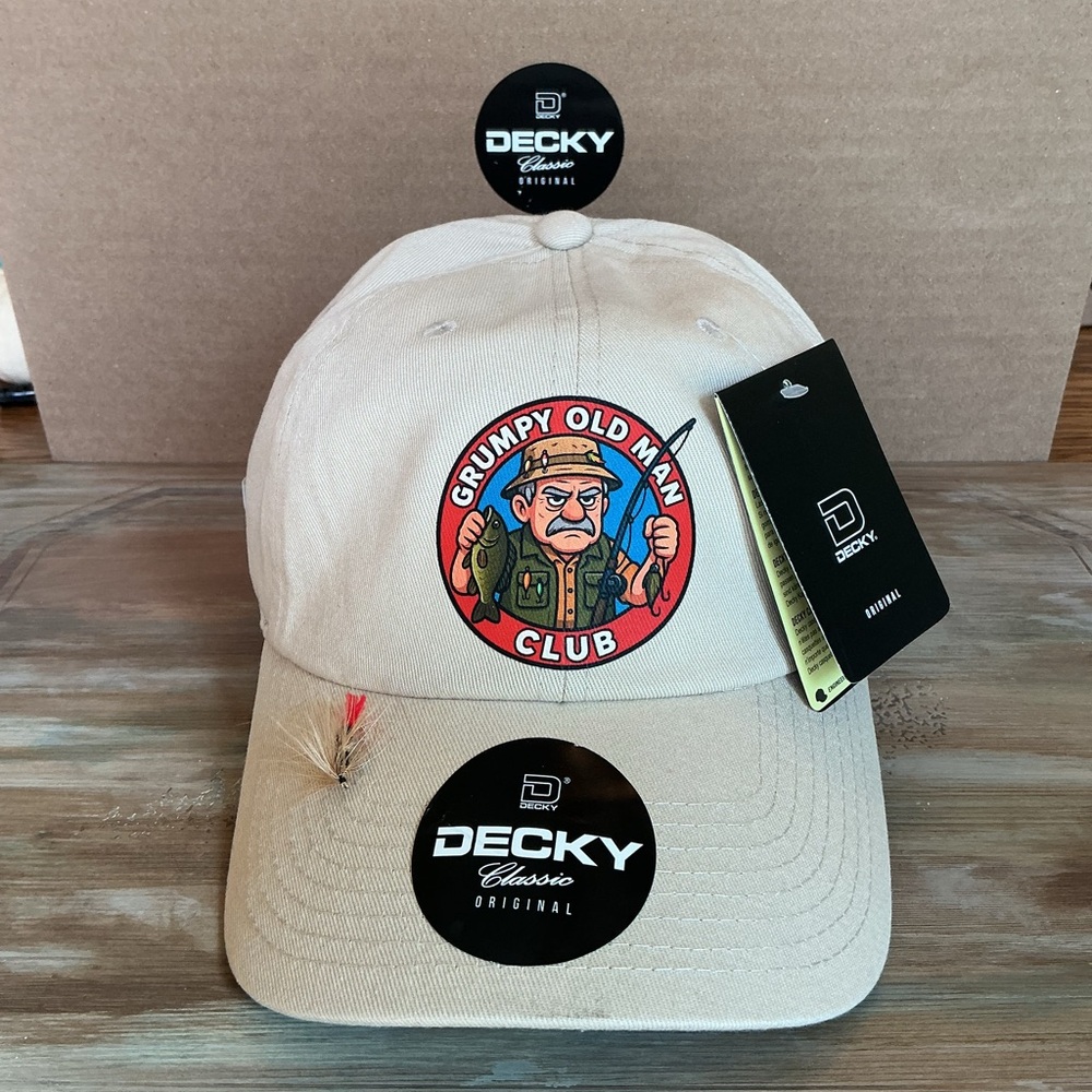 Fishing Hat - Decky - Grumpy old man club Dad hat - w/ fly lure and flag on side
